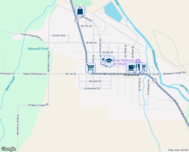 map of restaurants, bars, coffee shops, grocery stores, and more near 408 West 1st Street in Wallowa