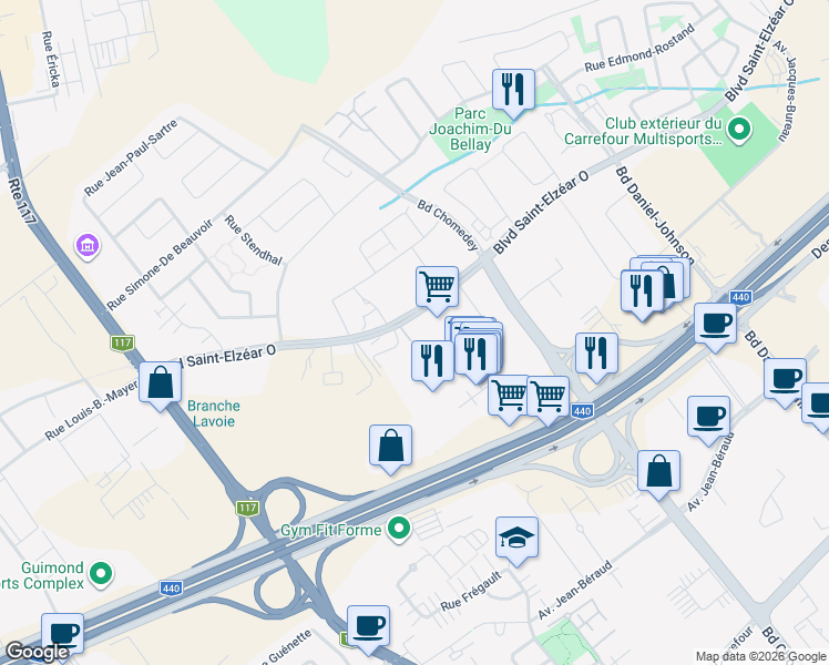 map of restaurants, bars, coffee shops, grocery stores, and more near 3500 Boulevard Saint-Elzéar Ouest in Laval