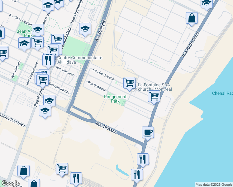 map of restaurants, bars, coffee shops, grocery stores, and more near 1915 Rue Bossuet in Montréal