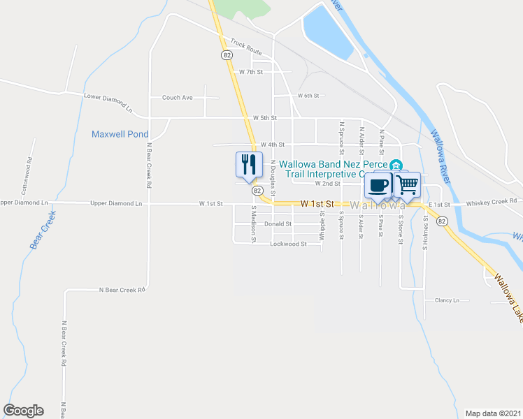 map of restaurants, bars, coffee shops, grocery stores, and more near 508 West 1st Street in Wallowa