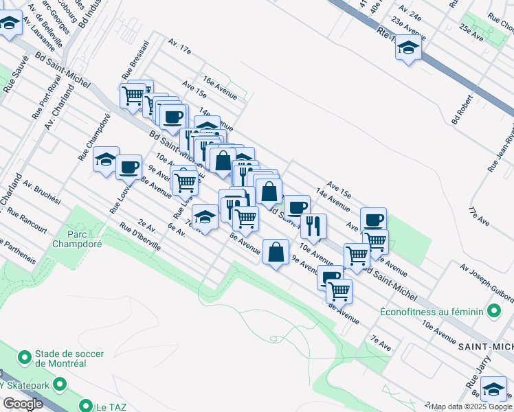 map of restaurants, bars, coffee shops, grocery stores, and more near 8850 Boulevard Saint-Michel in Montréal
