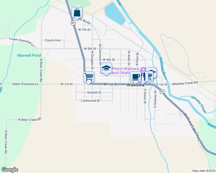 map of restaurants, bars, coffee shops, grocery stores, and more near 306 West 1st Street in Wallowa