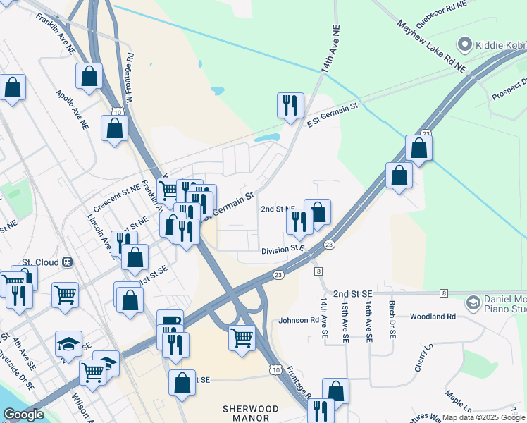 map of restaurants, bars, coffee shops, grocery stores, and more near 52 12th Avenue Northeast in St. Cloud