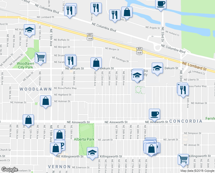 map of restaurants, bars, coffee shops, grocery stores, and more near 6505 Northeast 24th Avenue in Portland