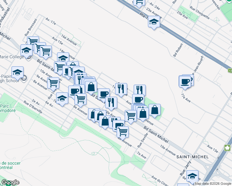 map of restaurants, bars, coffee shops, grocery stores, and more near 8723 13e Avenue in Montréal