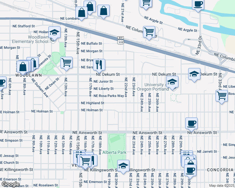 map of restaurants, bars, coffee shops, grocery stores, and more near 2025 Northeast Rosa Parks Way in Portland