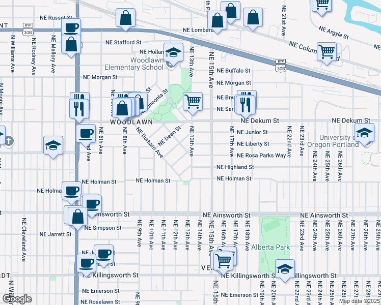 map of restaurants, bars, coffee shops, grocery stores, and more near 6402 Northeast Bellevue Avenue in Portland