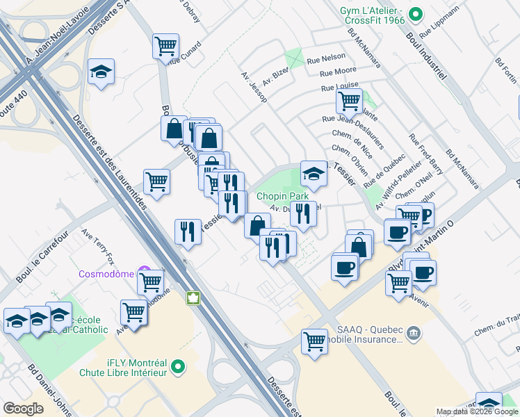 map of restaurants, bars, coffee shops, grocery stores, and more near 1940 Avenue Dumouchel in Laval