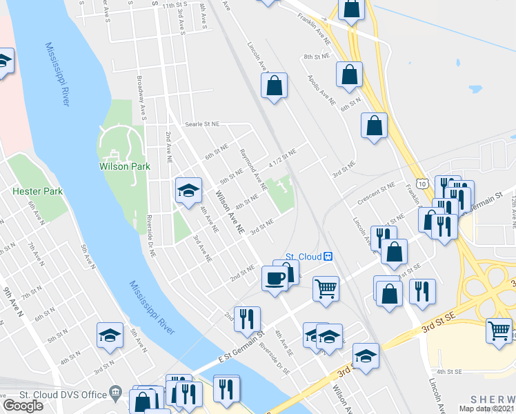 map of restaurants, bars, coffee shops, grocery stores, and more near 324 5th Avenue Northeast in Saint Cloud