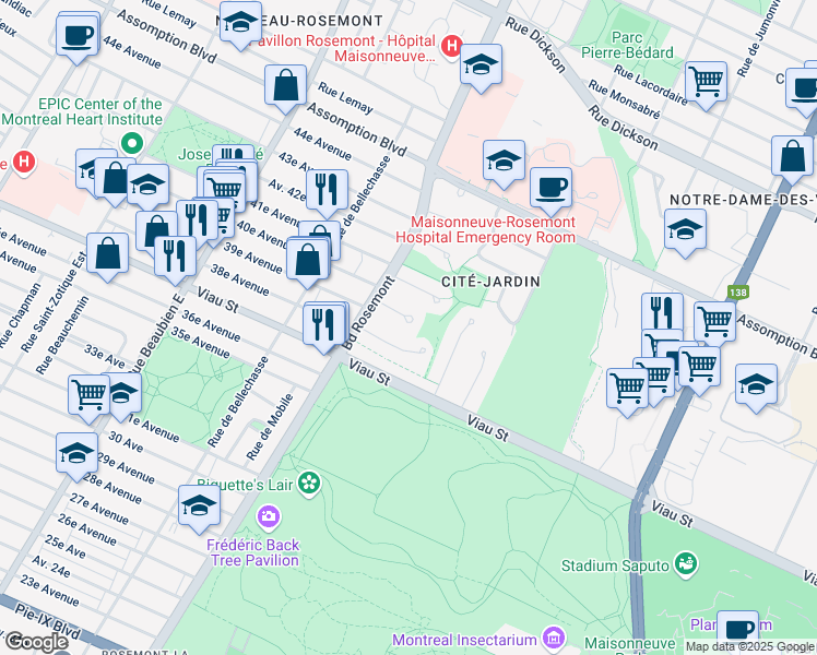 map of restaurants, bars, coffee shops, grocery stores, and more near 5700 Avenue des Marronniers in Montréal