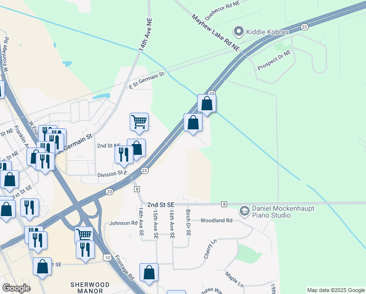 map of restaurants, bars, coffee shops, grocery stores, and more near 1600 Minnesota 23 in St. Cloud