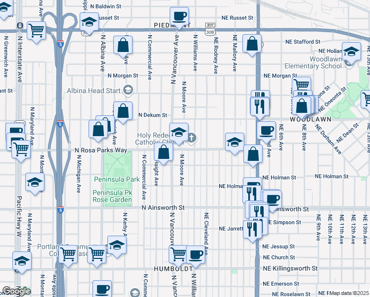 map of restaurants, bars, coffee shops, grocery stores, and more near 25 North Rosa parks Way in Portland