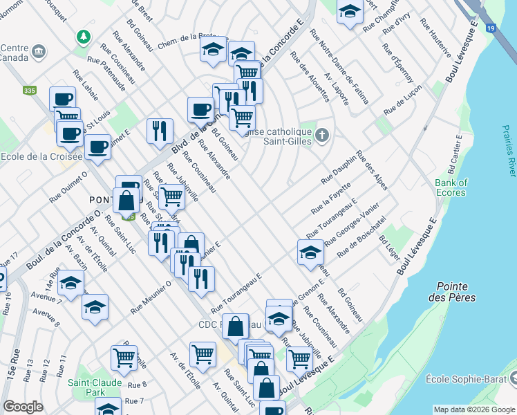 map of restaurants, bars, coffee shops, grocery stores, and more near 120 Rue Meunier Est in Laval