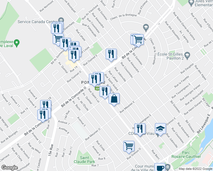 map of restaurants, bars, coffee shops, grocery stores, and more near 468 Rue Saint-Hubert in Laval