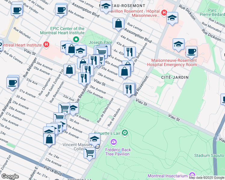 map of restaurants, bars, coffee shops, grocery stores, and more near 6220 Rue Viau in Montréal