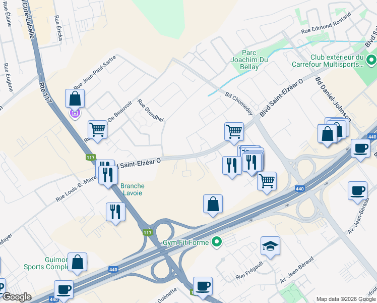map of restaurants, bars, coffee shops, grocery stores, and more near 4001 Rue Elsa-Triolet in Laval