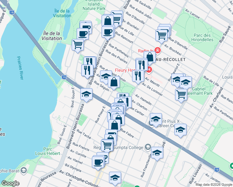 map of restaurants, bars, coffee shops, grocery stores, and more near 10472 Avenue Charton in Montréal