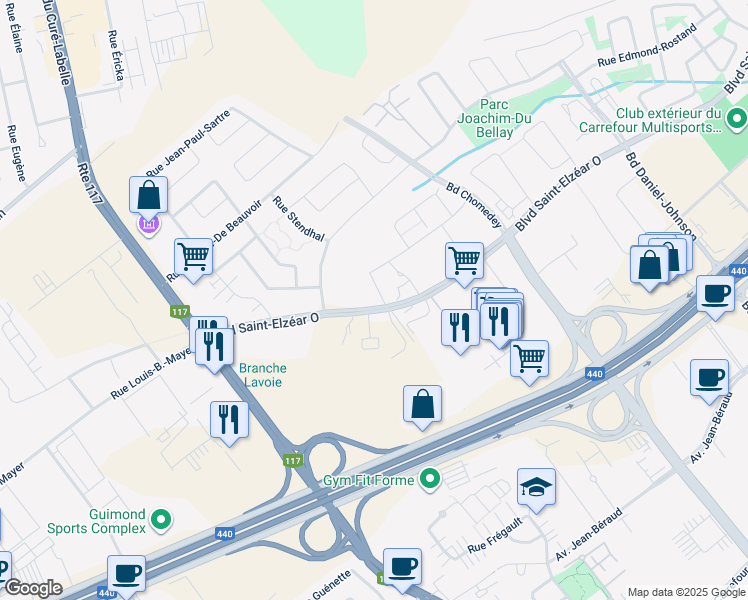 map of restaurants, bars, coffee shops, grocery stores, and more near 4001 Rue Elsa-Triolet in Laval