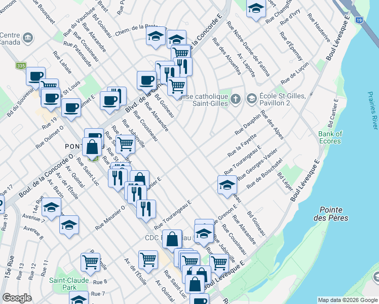 map of restaurants, bars, coffee shops, grocery stores, and more near 120 Rue Meunier Est in Laval