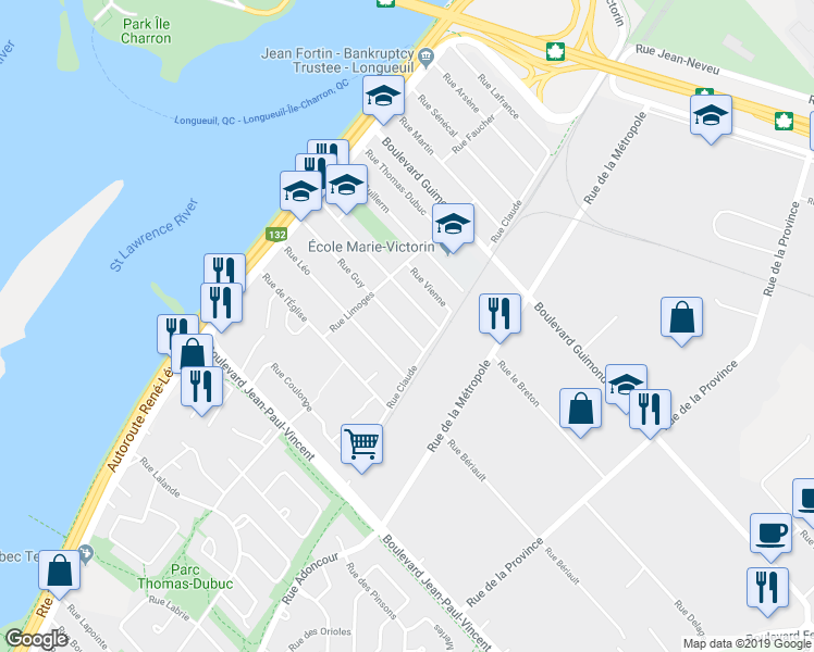 map of restaurants, bars, coffee shops, grocery stores, and more near 255 Rue Guy in Longueuil