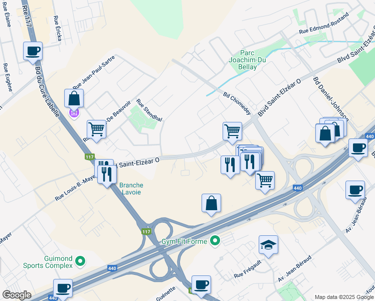 map of restaurants, bars, coffee shops, grocery stores, and more near 4001 Rue Elsa-Triolet in Laval