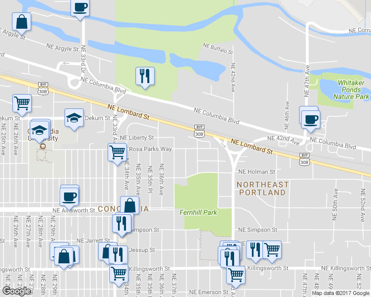 map of restaurants, bars, coffee shops, grocery stores, and more near NE 38th Ave & NE Rosa Parks Way in Portland