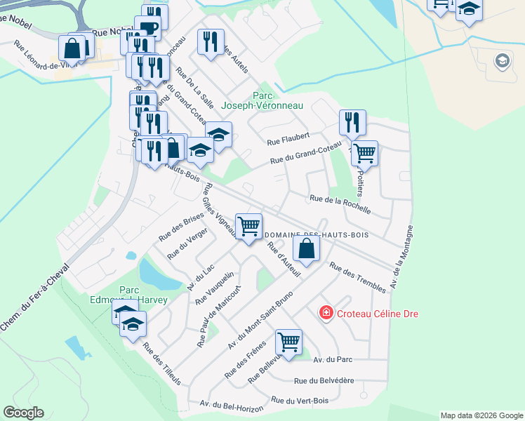 map of restaurants, bars, coffee shops, grocery stores, and more near 73 Boulevard des Hauts-Bois in Sainte-Julie