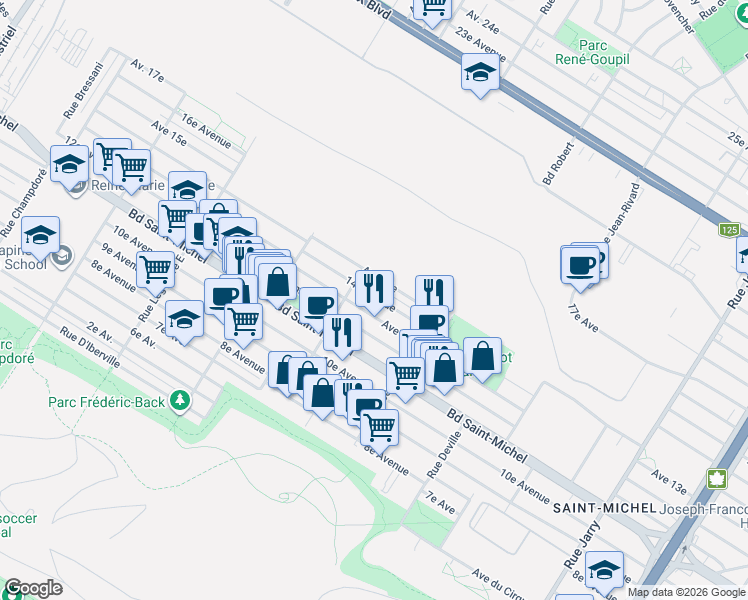 map of restaurants, bars, coffee shops, grocery stores, and more near 8690 14e Avenue in Montréal