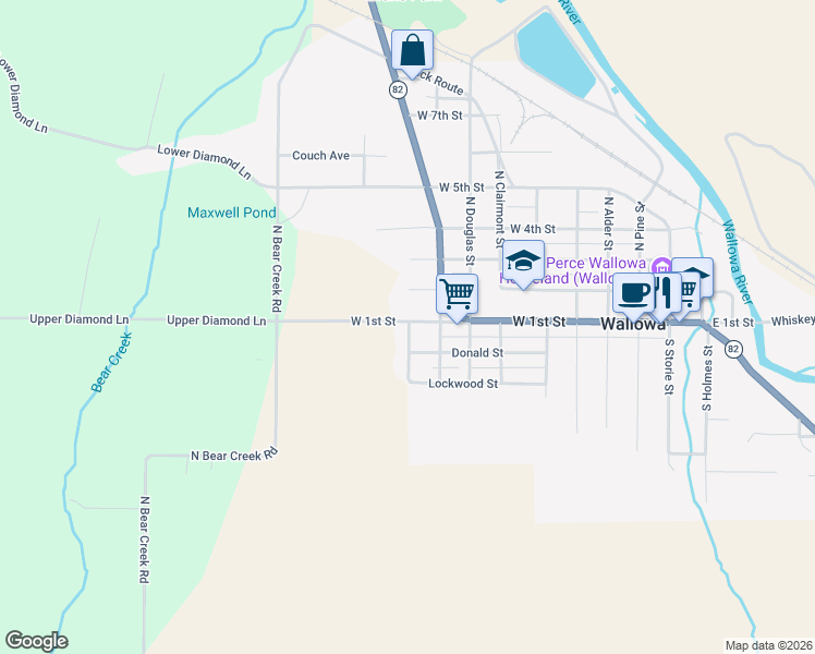 map of restaurants, bars, coffee shops, grocery stores, and more near 704 West 1st Street in Wallowa