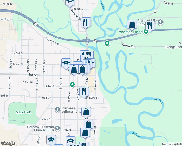 map of restaurants, bars, coffee shops, grocery stores, and more near 106 North Rum River Drive in Princeton