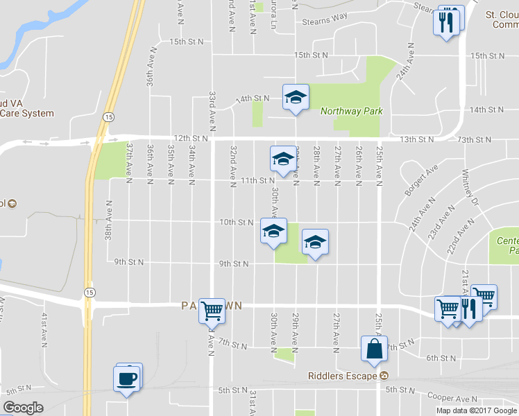 map of restaurants, bars, coffee shops, grocery stores, and more near 1016 31st Avenue North in St. Cloud