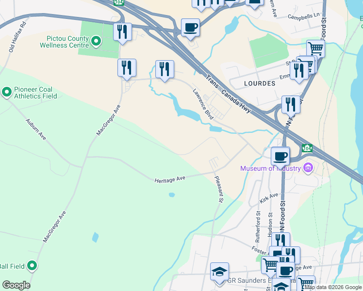 map of restaurants, bars, coffee shops, grocery stores, and more near 72 Vista Drive in Stellarton