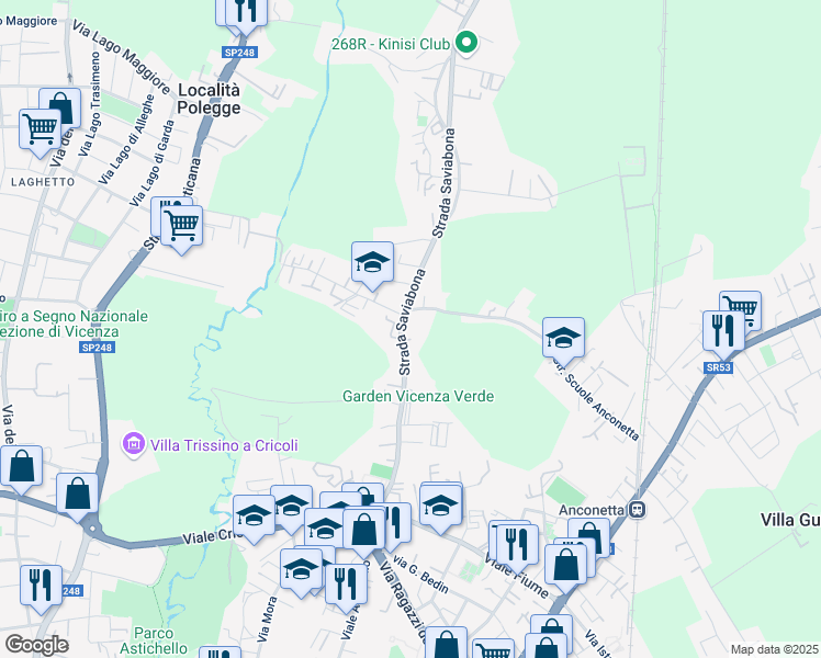 map of restaurants, bars, coffee shops, grocery stores, and more near 94 Strada Saviabona in Vicenza
