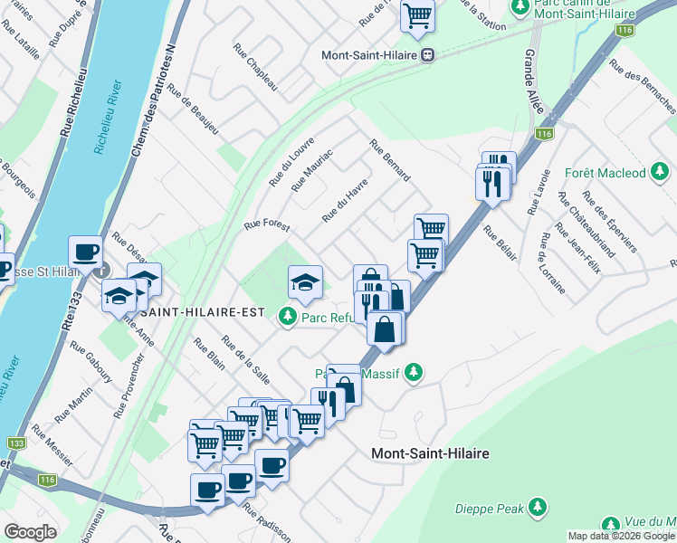 map of restaurants, bars, coffee shops, grocery stores, and more near 481 Rue de Champigny in Mont-Saint-Hilaire