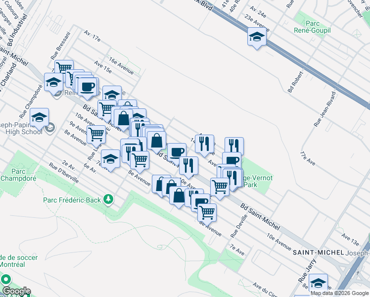 map of restaurants, bars, coffee shops, grocery stores, and more near 8758 13e Avenue in Montréal