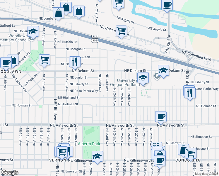 map of restaurants, bars, coffee shops, grocery stores, and more near 6505 Northeast 24th Avenue in Portland