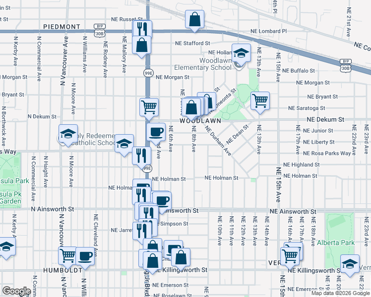 map of restaurants, bars, coffee shops, grocery stores, and more near 722 Northeast Rosa Parks Way in Portland