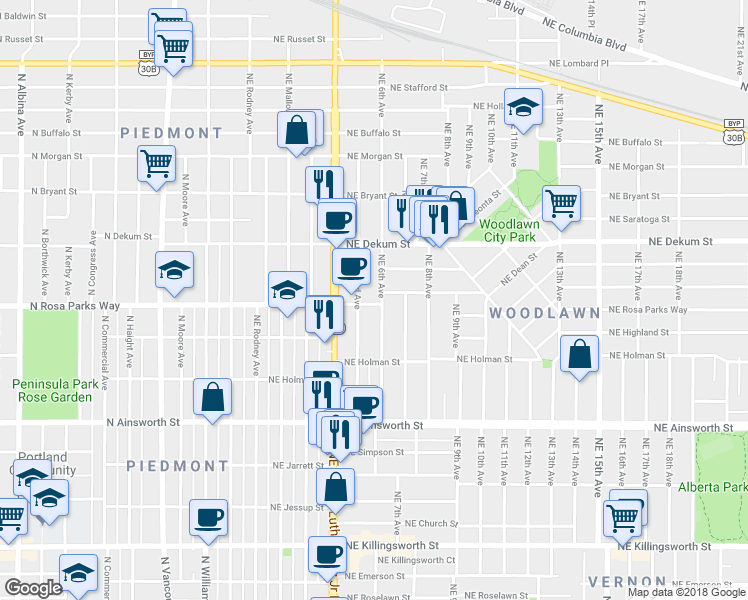 map of restaurants, bars, coffee shops, grocery stores, and more near 533 Northeast Rosa Parks Way in Portland