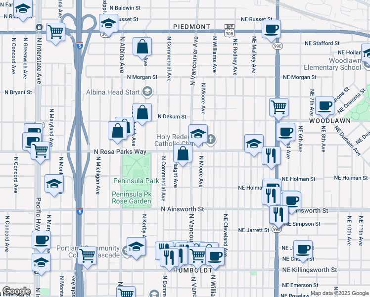 map of restaurants, bars, coffee shops, grocery stores, and more near 405 North Rosa parks Way in Portland