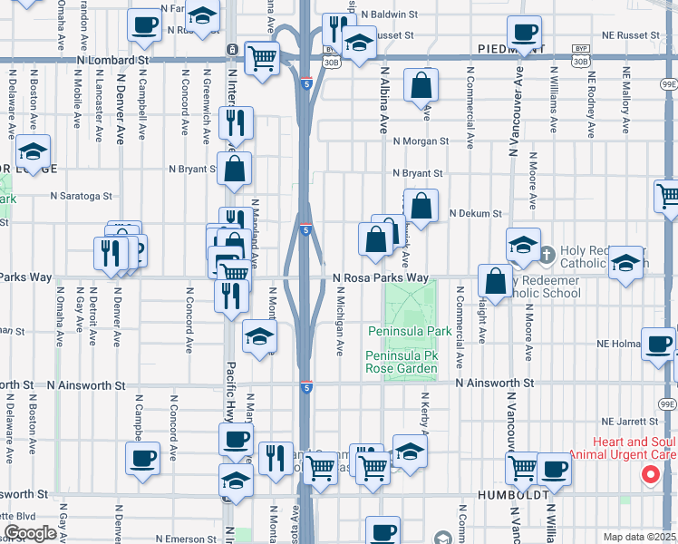 map of restaurants, bars, coffee shops, grocery stores, and more near 1025 North Rosa parks Way in Portland