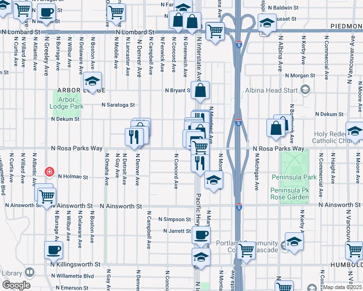 map of restaurants, bars, coffee shops, grocery stores, and more near 1605 North Rosa parks Way in Portland