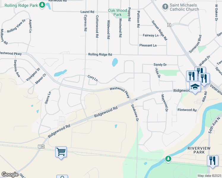 map of restaurants, bars, coffee shops, grocery stores, and more near 6120 Westwood Parkway in St. Cloud