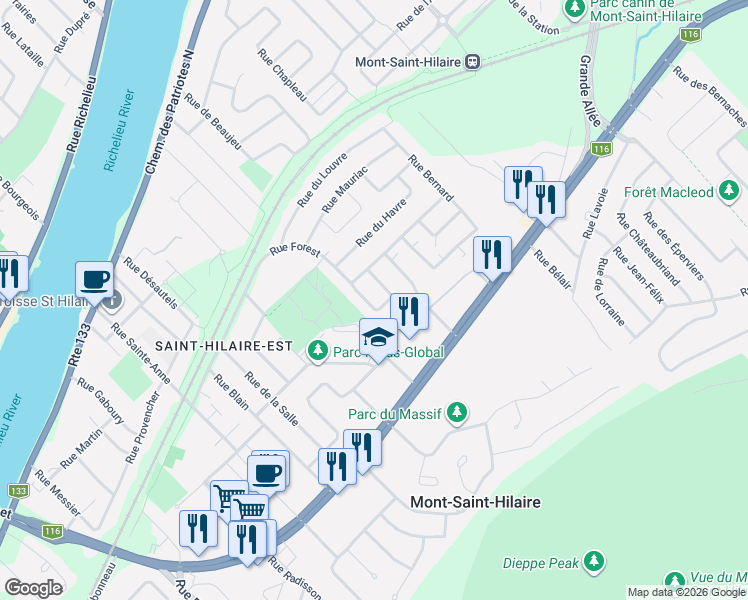 map of restaurants, bars, coffee shops, grocery stores, and more near 481 Rue de Champigny in Mont-Saint-Hilaire