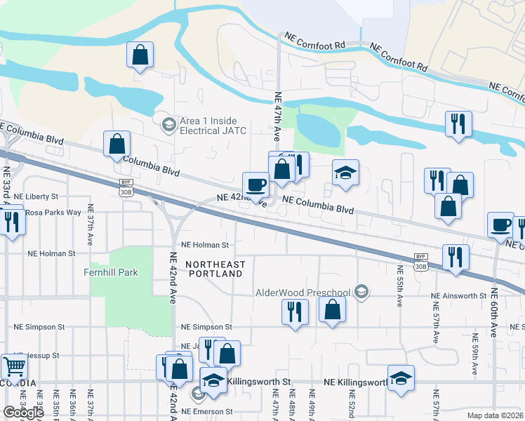 map of restaurants, bars, coffee shops, grocery stores, and more near 6556 Northeast 42nd Avenue in Portland