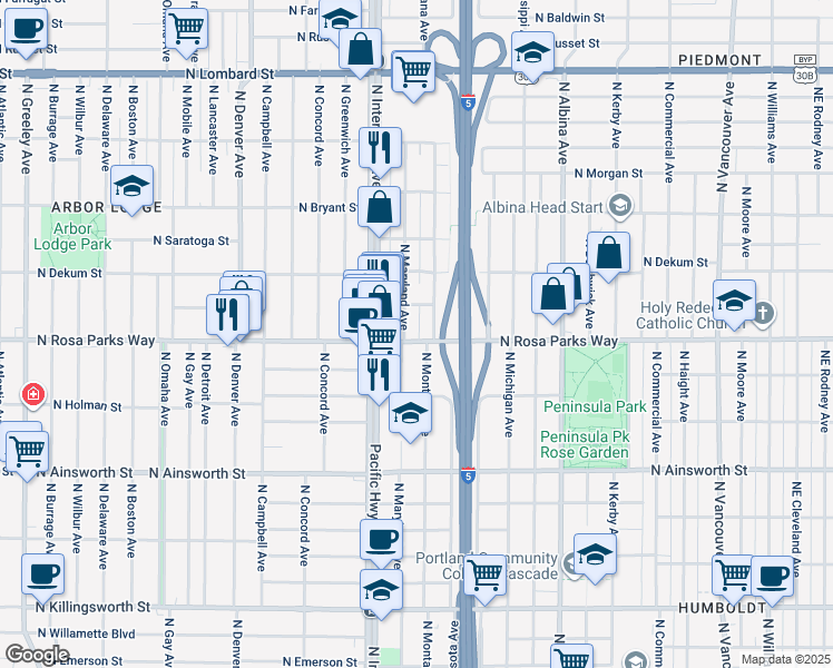 map of restaurants, bars, coffee shops, grocery stores, and more near 1327 North Rosa parks Way in Portland