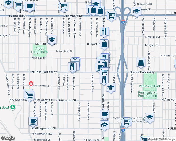 map of restaurants, bars, coffee shops, grocery stores, and more near 1737 North Rosa parks Way in Portland