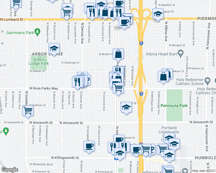 map of restaurants, bars, coffee shops, grocery stores, and more near 1605 North Rosa parks Way in Portland