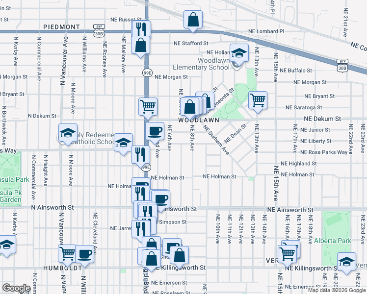 map of restaurants, bars, coffee shops, grocery stores, and more near 722 Northeast Rosa Parks Way in Portland