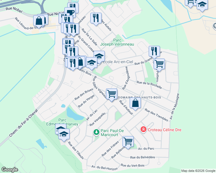 map of restaurants, bars, coffee shops, grocery stores, and more near 73 Boulevard des Hauts-Bois in Sainte-Julie