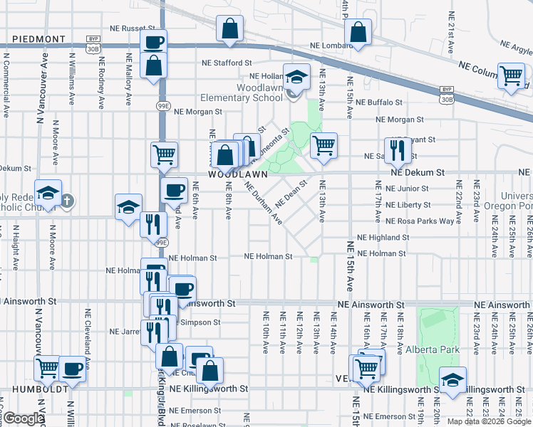 map of restaurants, bars, coffee shops, grocery stores, and more near 950 Northeast Rosa Parks Way in Portland